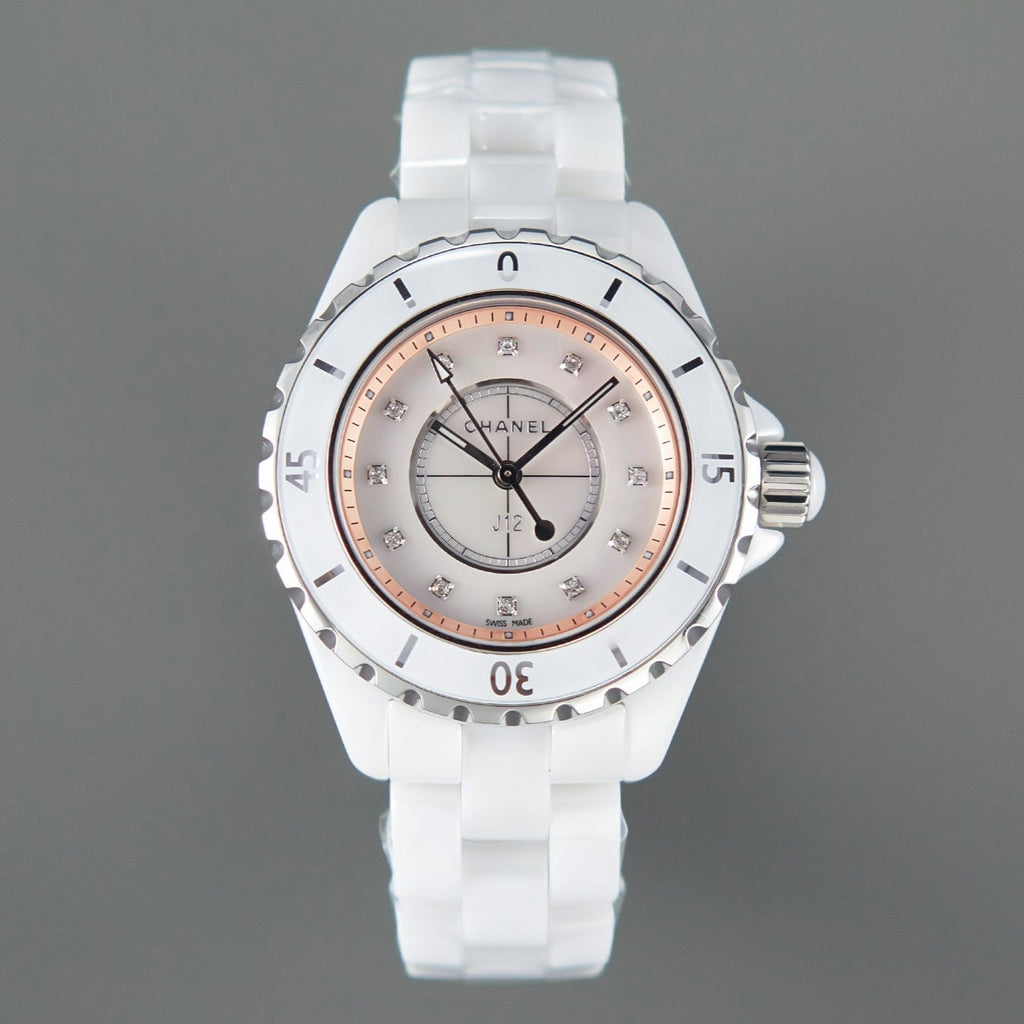 CHANEL J12 33mm Quartz White Ceramic Diamond Numerals Pink Mop Dial