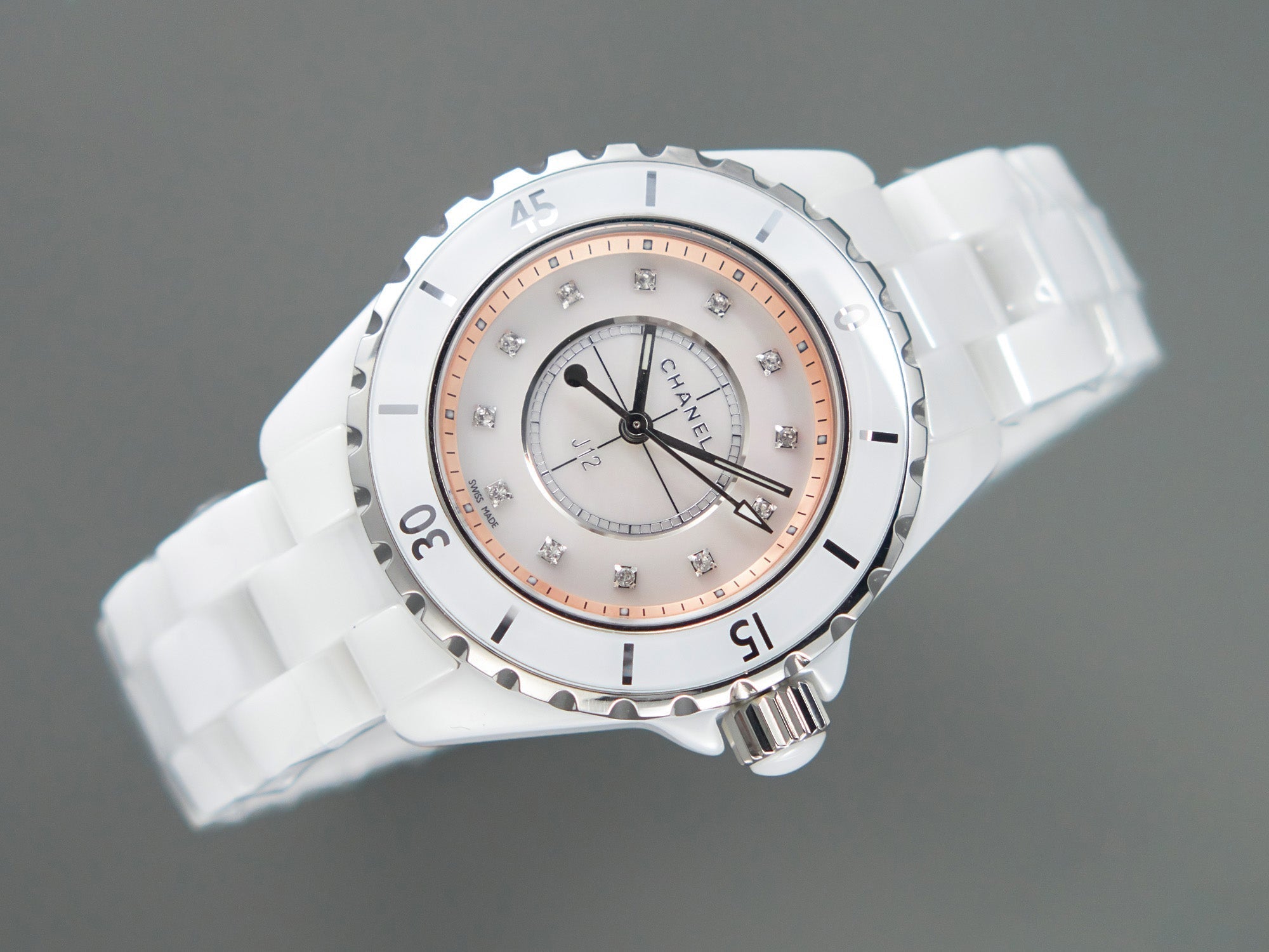 CHANEL J12 33mm Quartz White Ceramic Diamond Numerals Pink Mop Dial