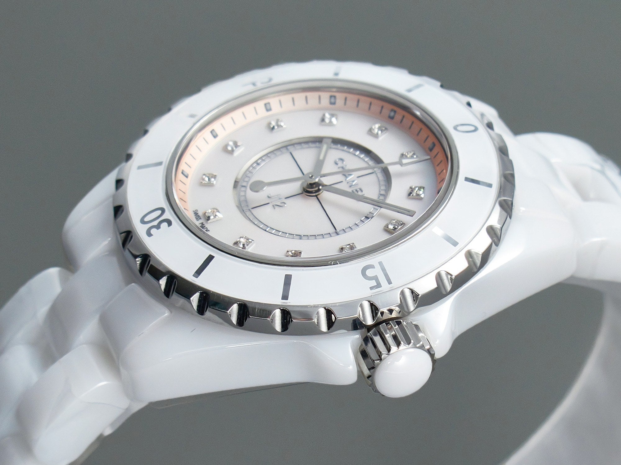CHANEL J12 33mm Quartz White Ceramic Diamond Numerals Pink Mop Dial
