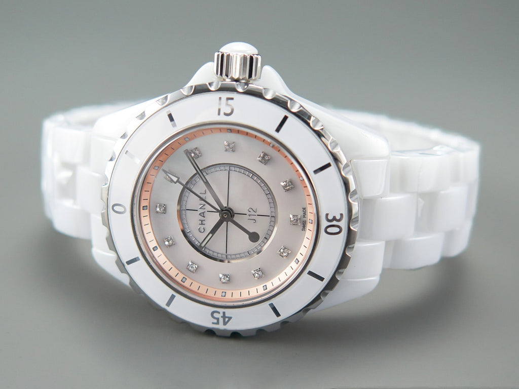 CHANEL J12 33mm Quartz White Ceramic Diamond Numerals Pink Mop Dial
