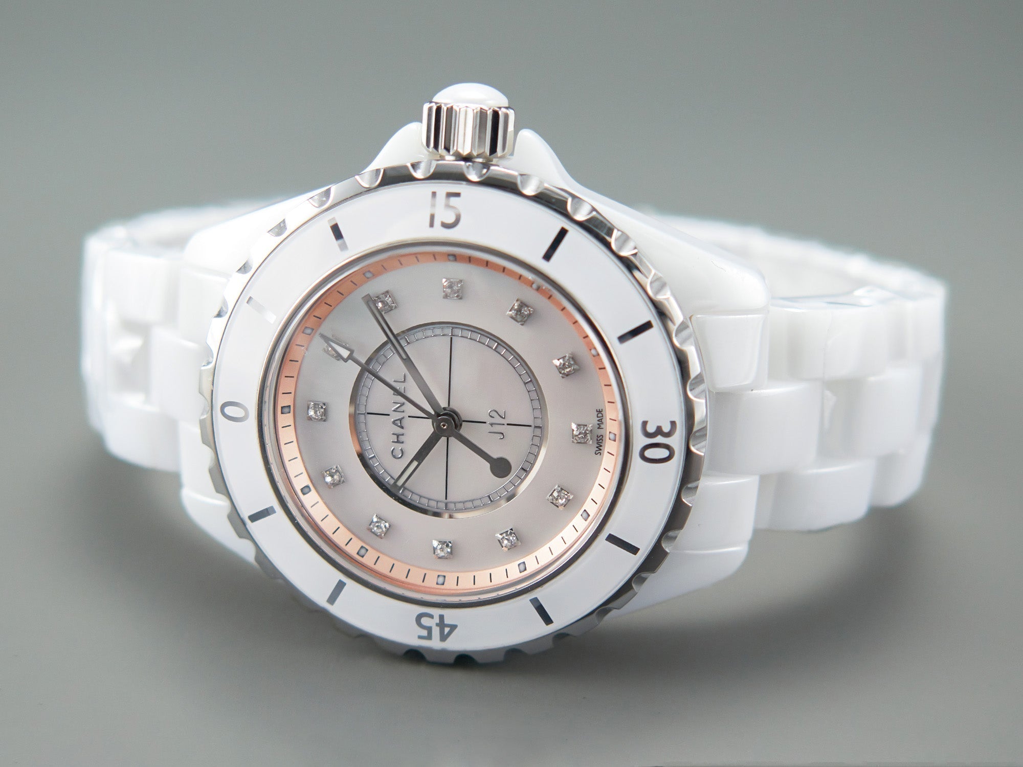 CHANEL J12 33mm Quartz White Ceramic Diamond Numerals Pink Mop Dial