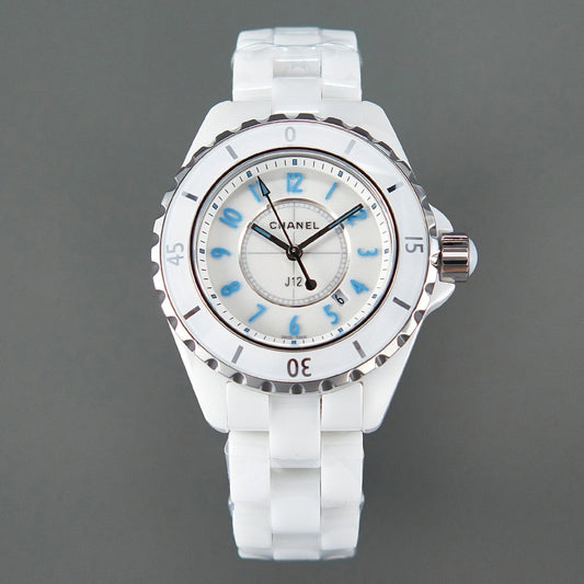 CHANEL J12 Date Quartz White Ceramic Blue Numerals White Dial