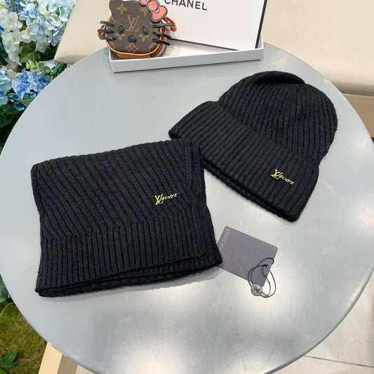 LOUIS VUITTON SET SCARF AND HAT IN BLACK WOOL 436222