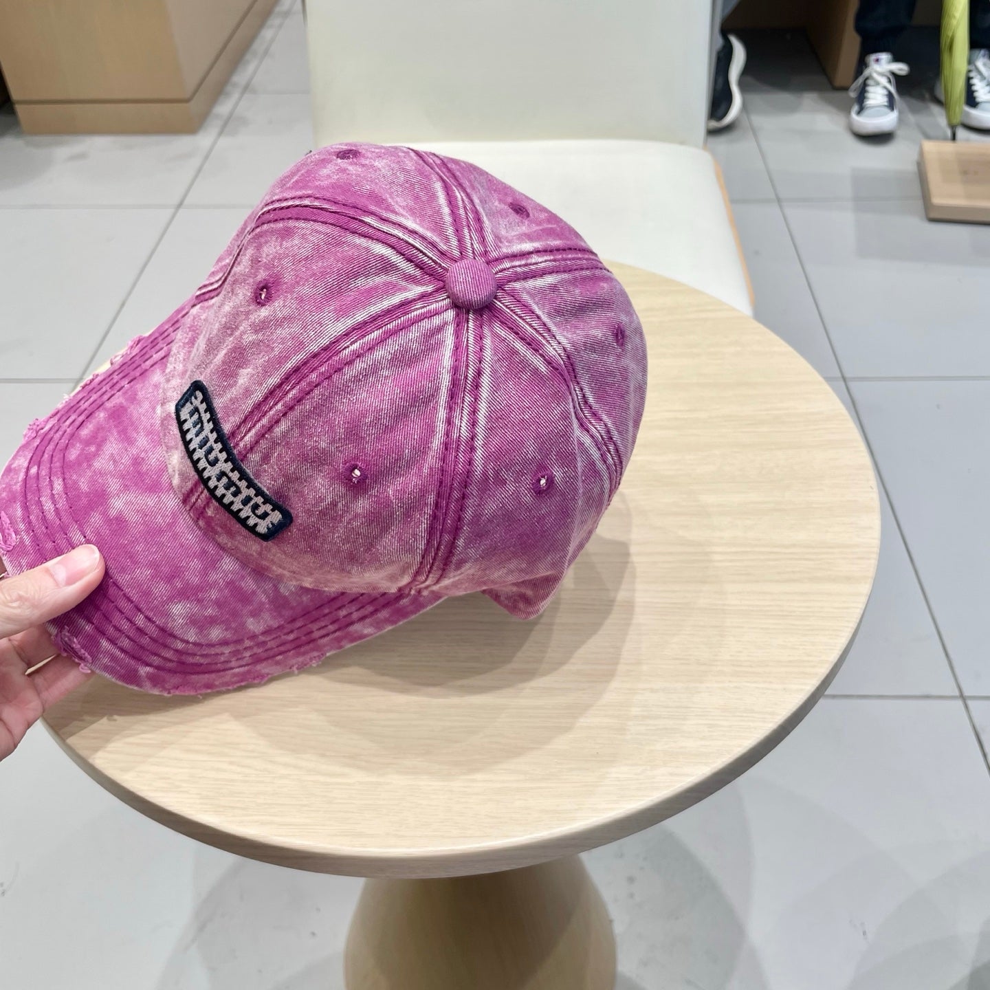 MIU MIU MM DISTRESSED FABRIC BASEBALL CAP IN PINK WITH EMBROIDERED LOGO