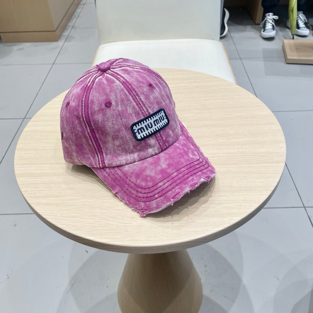 MIU MIU MM DISTRESSED FABRIC BASEBALL CAP IN PINK WITH EMBROIDERED LOGO
