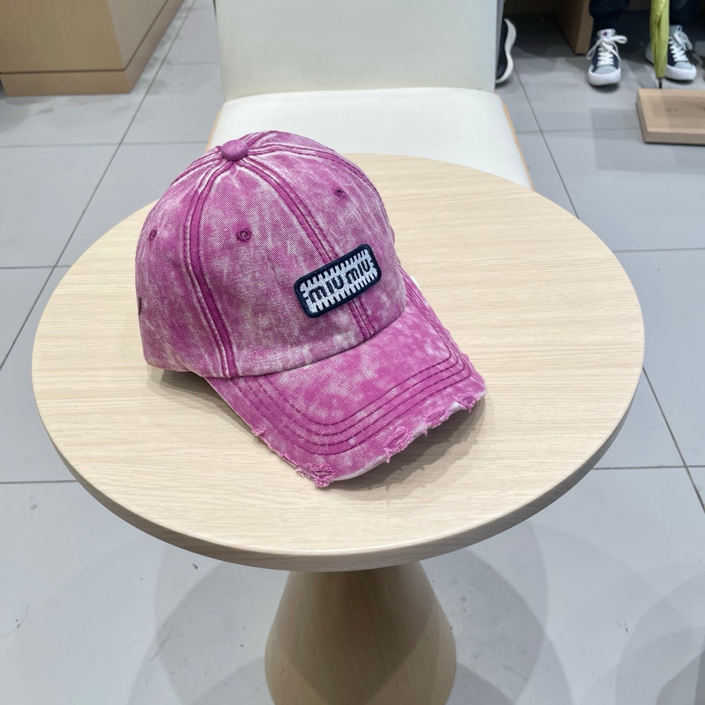MIU MIU MM DISTRESSED FABRIC BASEBALL CAP IN PINK WITH EMBROIDERED LOGO