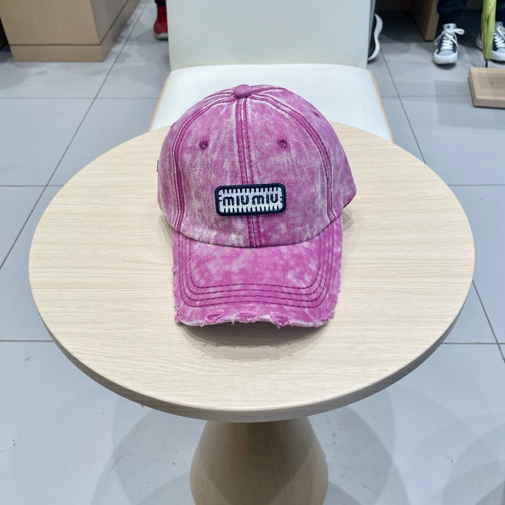 MIU MIU MM DISTRESSED FABRIC BASEBALL CAP IN PINK WITH EMBROIDERED LOGO
