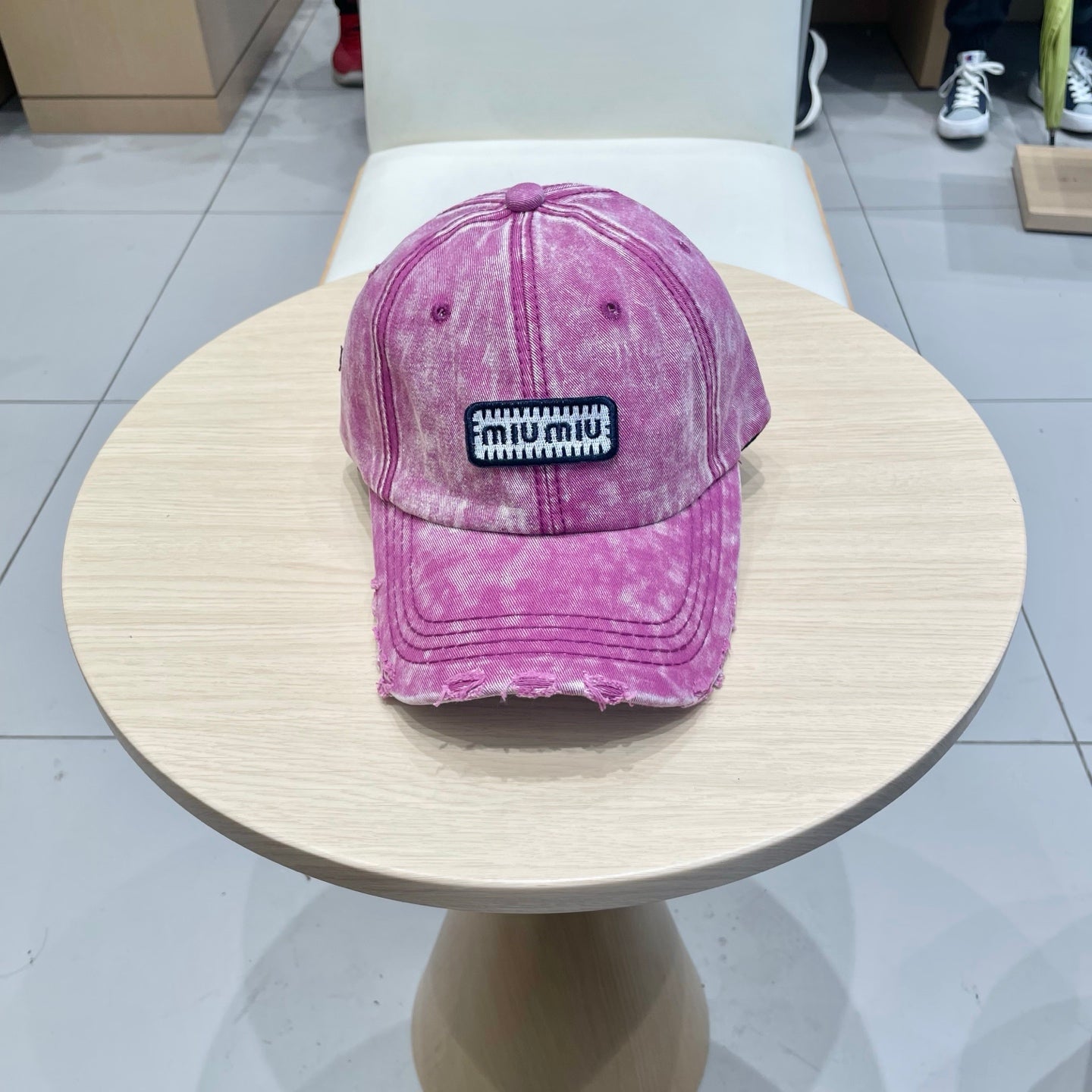 MIU MIU MM DISTRESSED FABRIC BASEBALL CAP IN PINK WITH EMBROIDERED LOGO