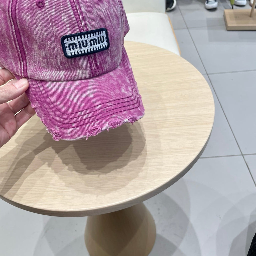 MIU MIU MM DISTRESSED FABRIC BASEBALL CAP IN PINK WITH EMBROIDERED LOGO