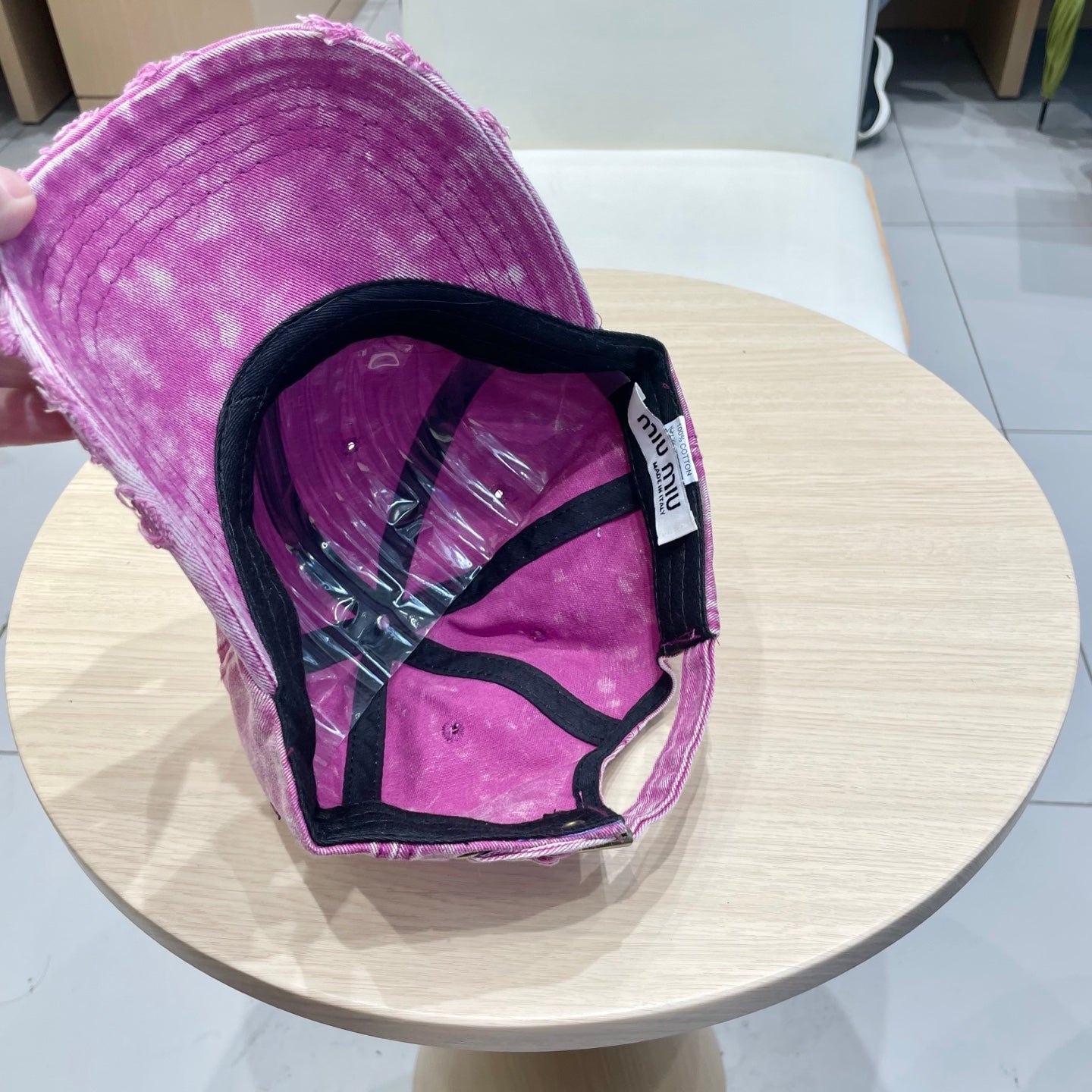 MIU MIU MM DISTRESSED FABRIC BASEBALL CAP IN PINK WITH EMBROIDERED LOGO