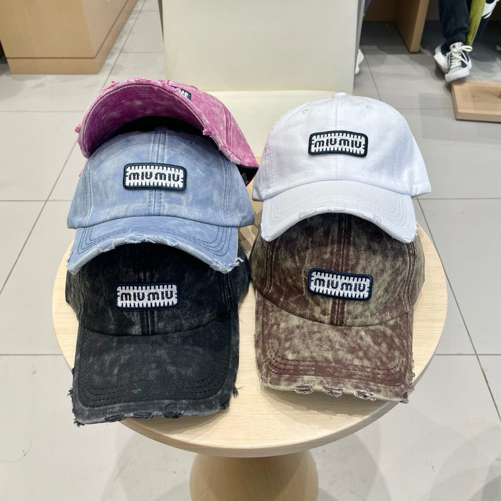 MIU MIU MM DISTRESSED FABRIC BASEBALL CAP IN PINK WITH EMBROIDERED LOGO