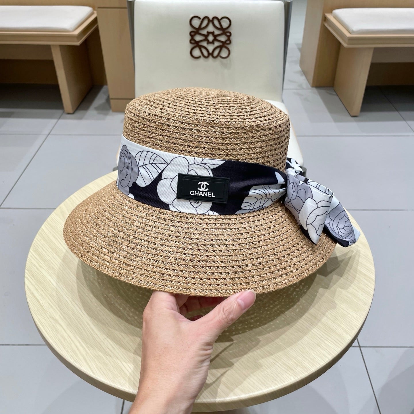 CHANEL NATURAL STRAW BUCKET HAT WITH RIBBON 672773