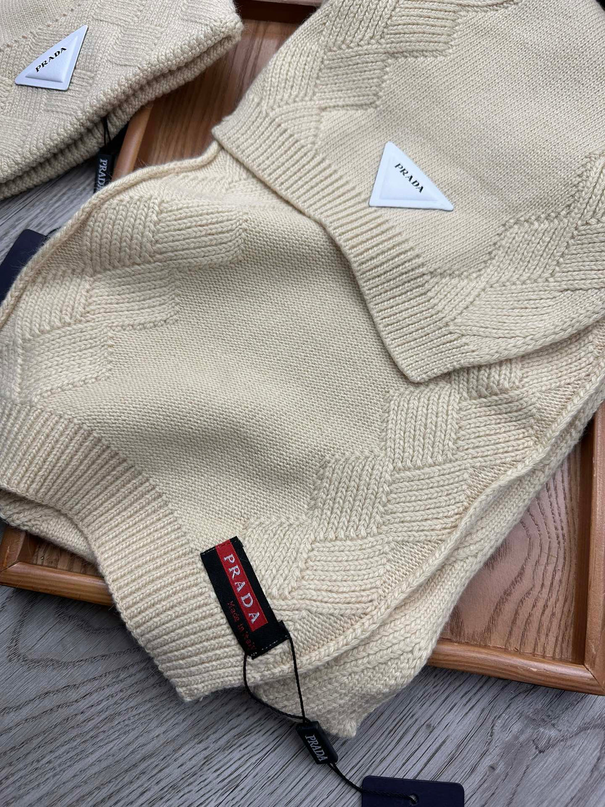 PRADA SET SCARF AND HAT IN BISQUE BEIGE WOOL AND RABBIT FUR 397405