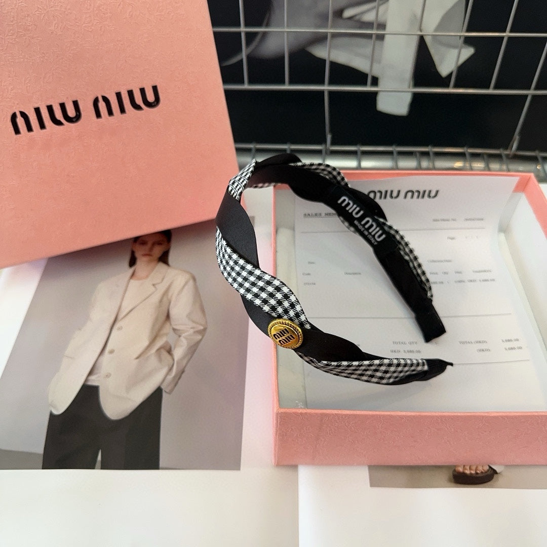 CHANEL HEADBAND IN BLACK SILK MIX PLAID COTTON 412529