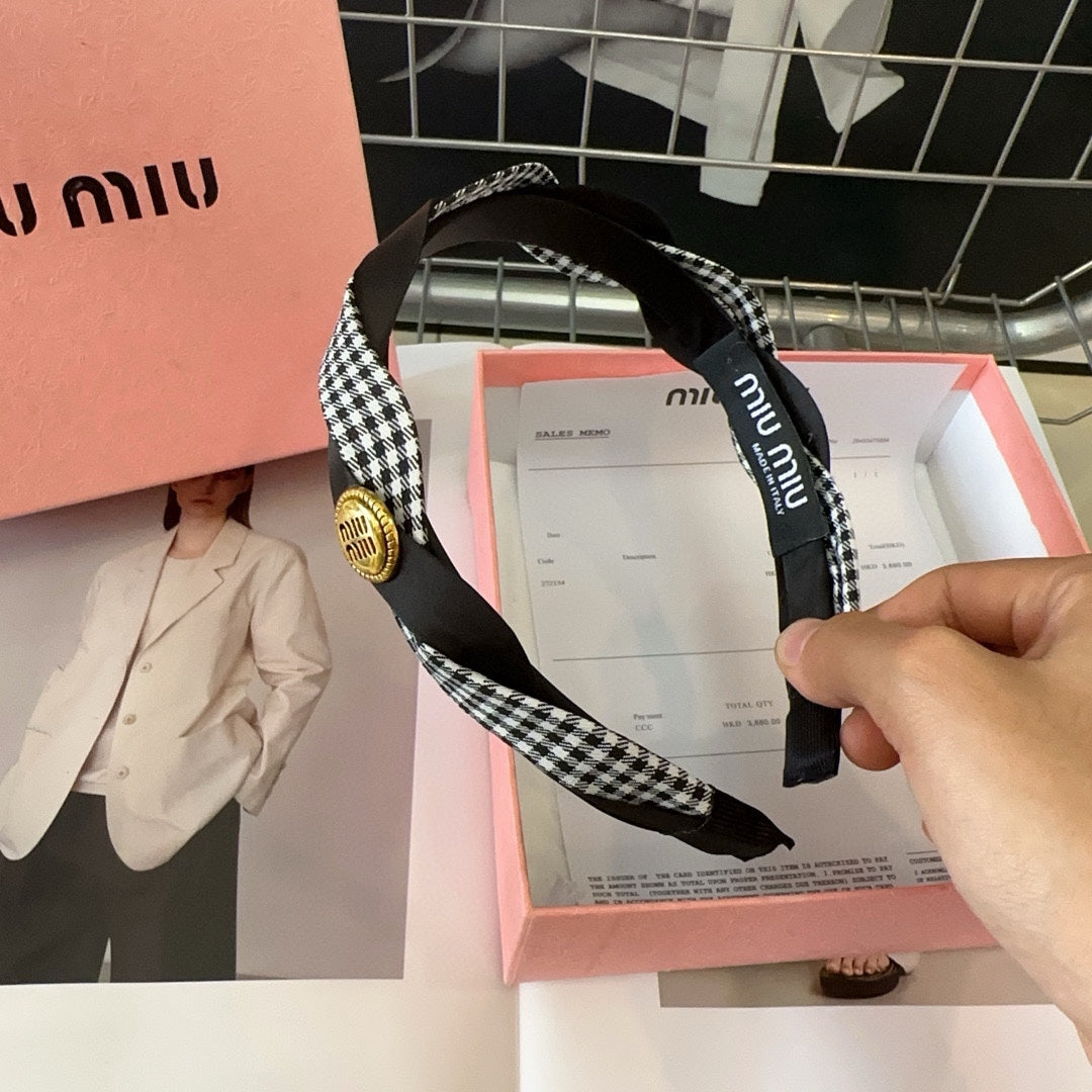CHANEL HEADBAND IN BLACK SILK MIX PLAID COTTON 412529