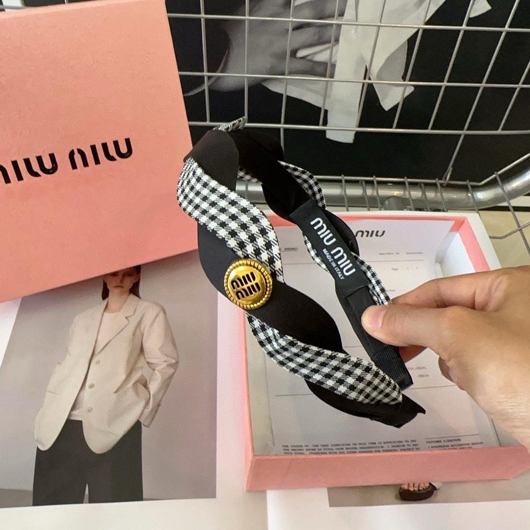 CHANEL HEADBAND IN BLACK SILK MIX PLAID COTTON 412529