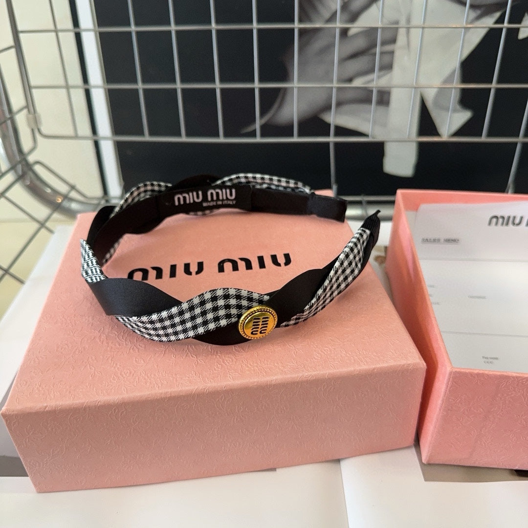CHANEL HEADBAND IN BLACK SILK MIX PLAID COTTON 412529