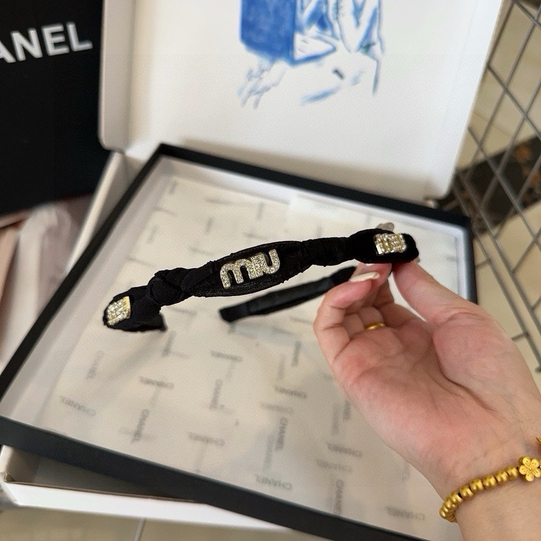 CHANEL HEADBAND CRYSTALS LOGO IN BLACK VOILE 414443