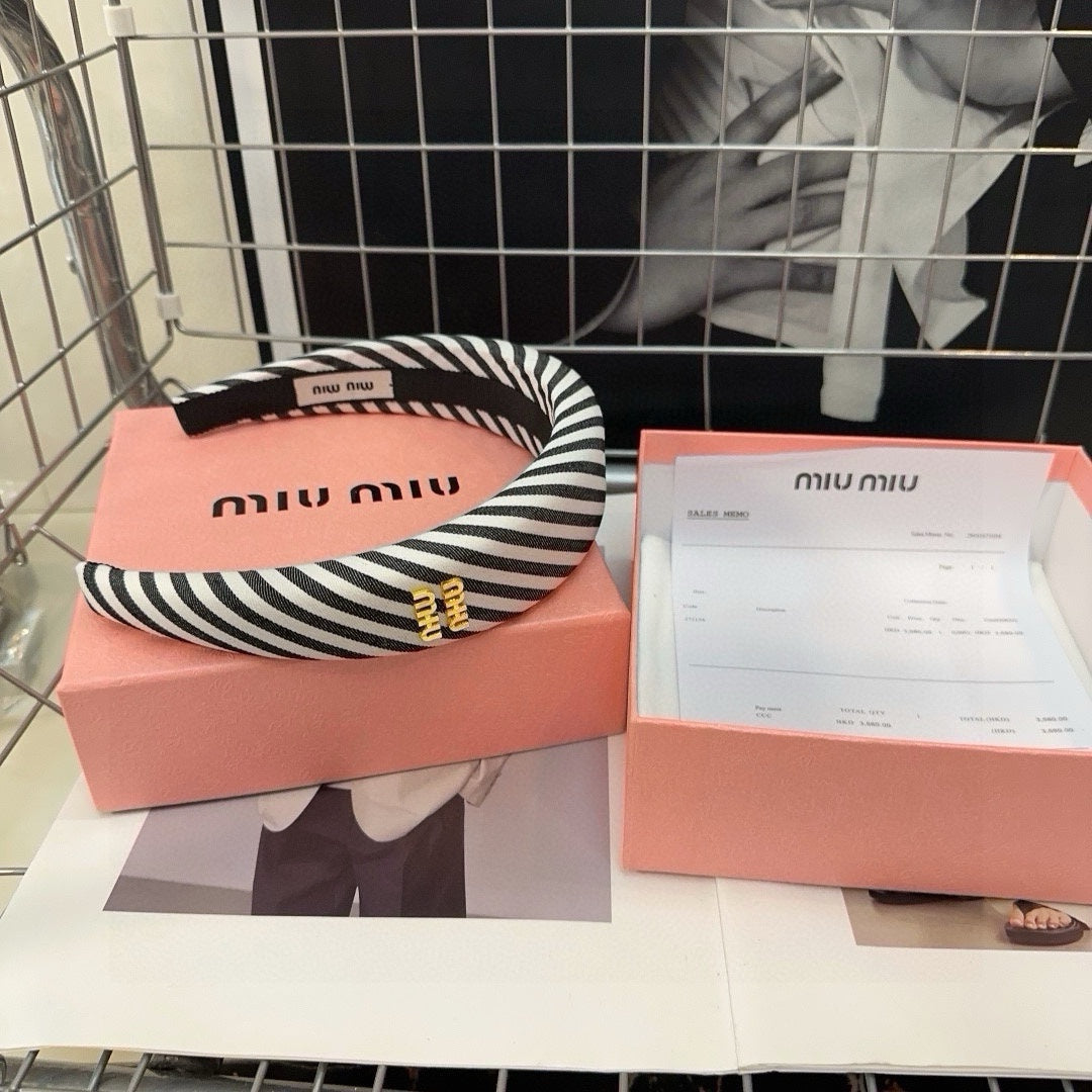CHANEL HEADBAND STRIPES WHITE MIX BLACK COTTON GOLD LOGO 432856