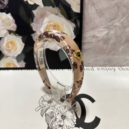 CHANEL SILK THICK HEADBAND LIGHT BROWN FLOWER PRINT 239957