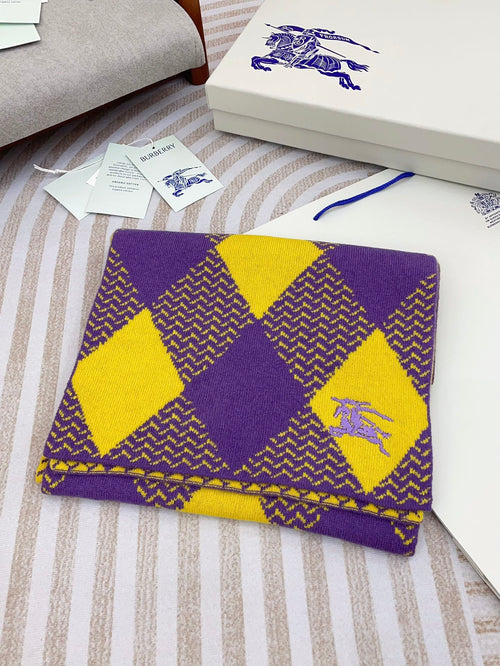BURBERRY ARGYLE WOOL SCARF 190 CM VIOLET MIX BRIGHT YELLOW 394595
