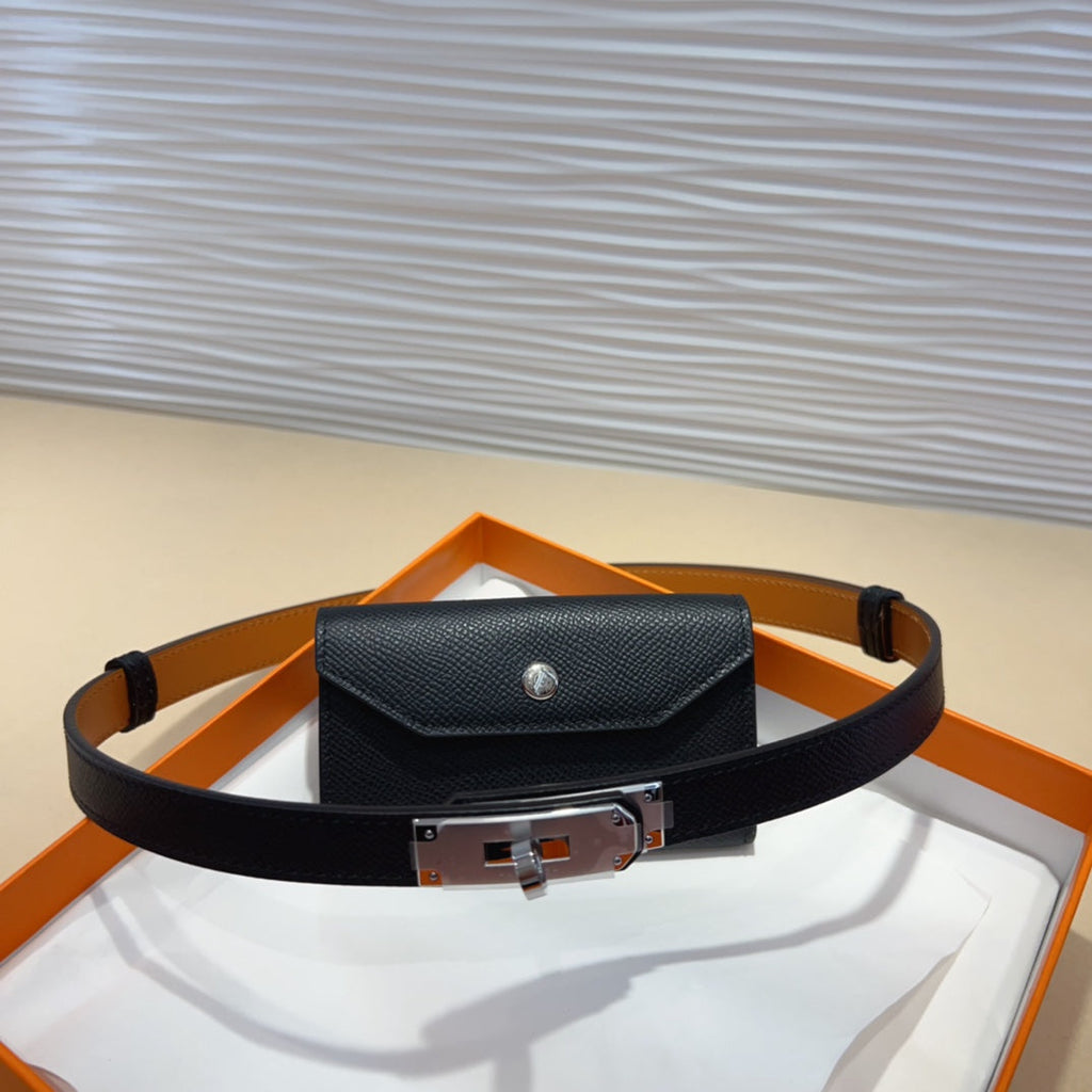 HERMES KELLY POCKET 18MM BELT BLACK LEATHER SILVER HARDWARE