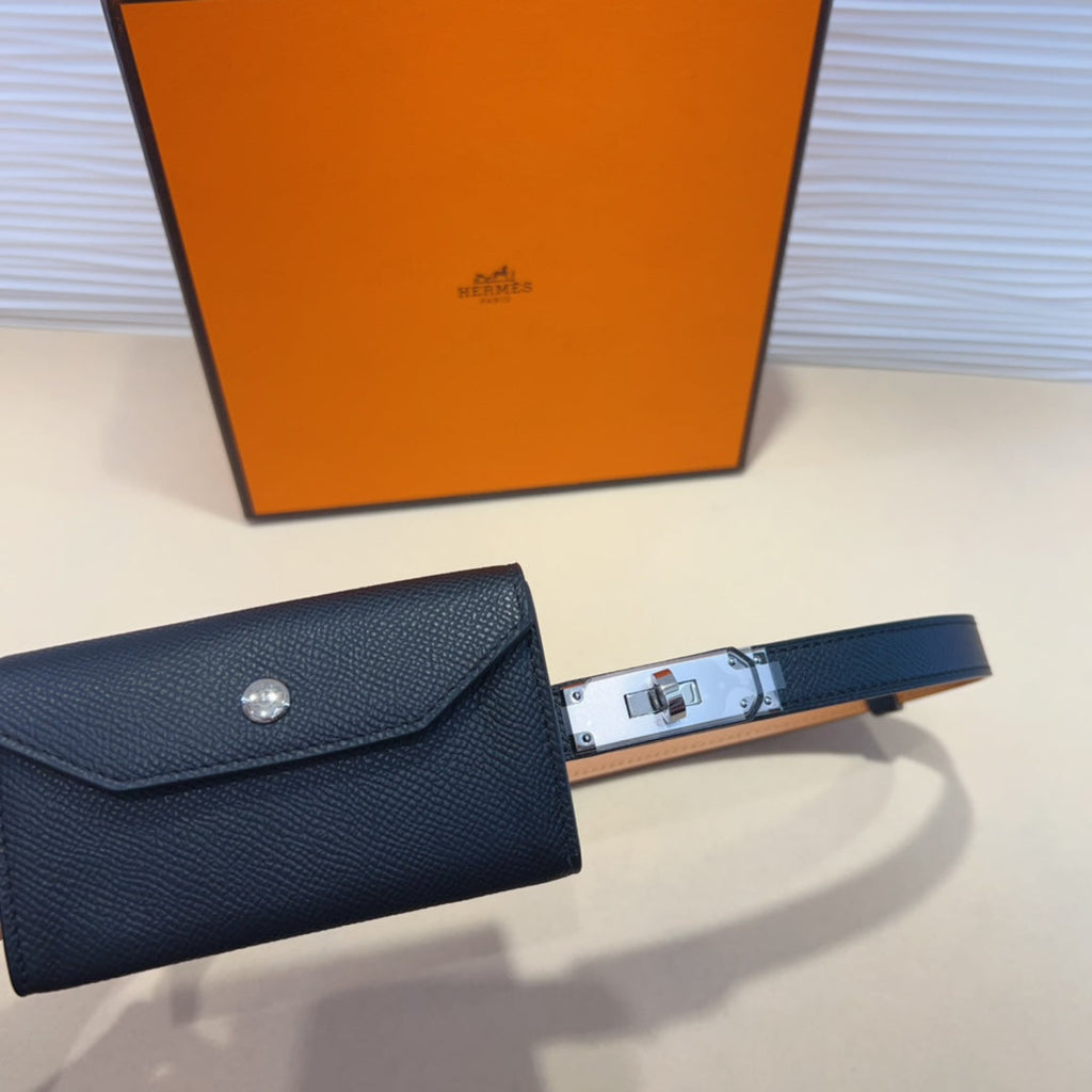 HERMES KELLY POCKET 18MM BELT BLACK LEATHER SILVER HARDWARE
