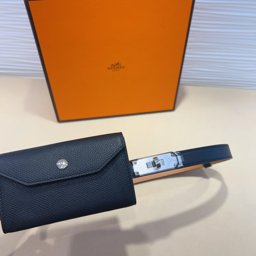 HERMES KELLY POCKET 18MM BELT BLACK LEATHER SILVER HARDWARE
