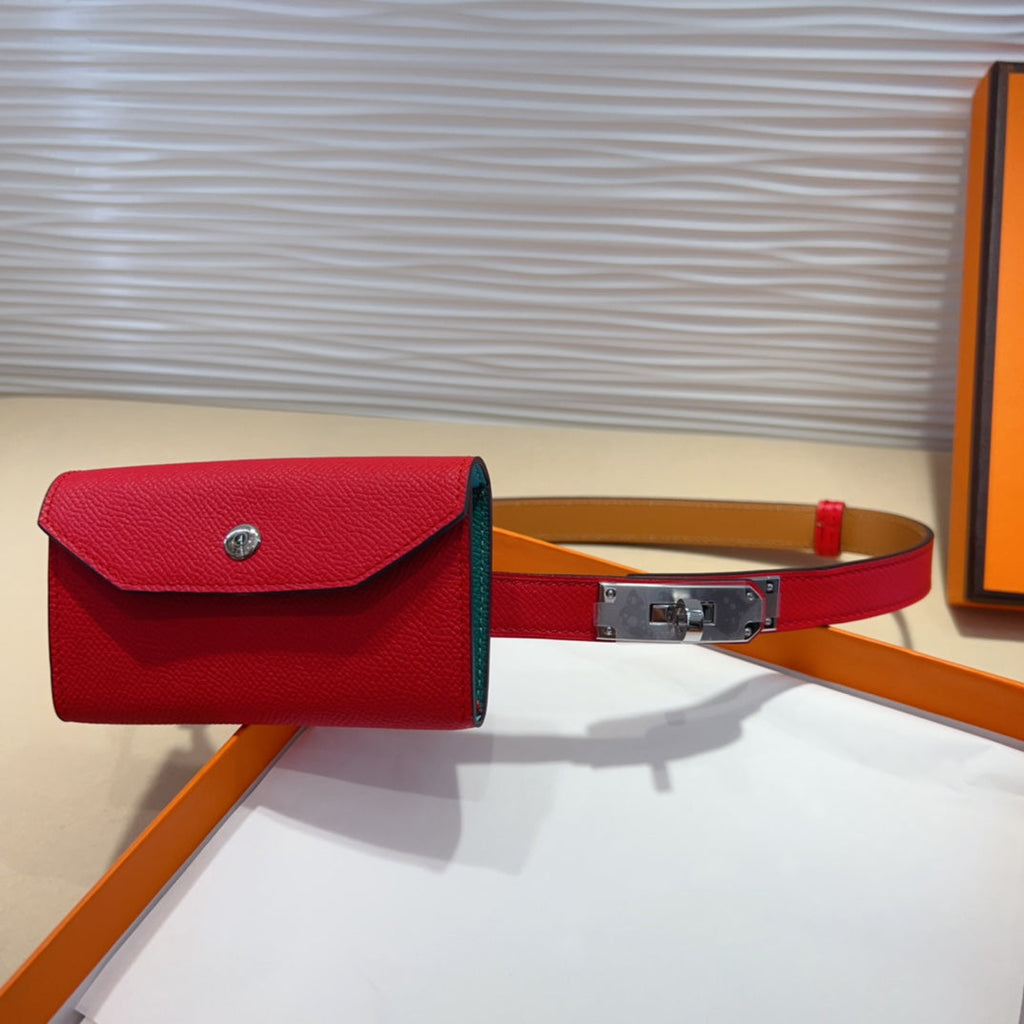 HERMES KELLY CHERRY RED POCKET 18MM BELT LEATHER SILVER HARDWARE