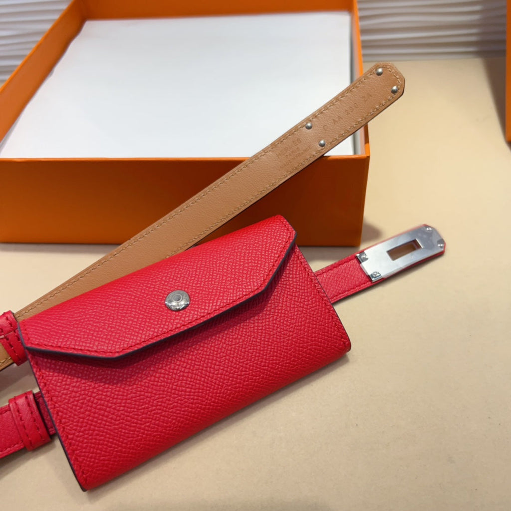 HERMES KELLY CHERRY RED POCKET 18MM BELT LEATHER SILVER HARDWARE