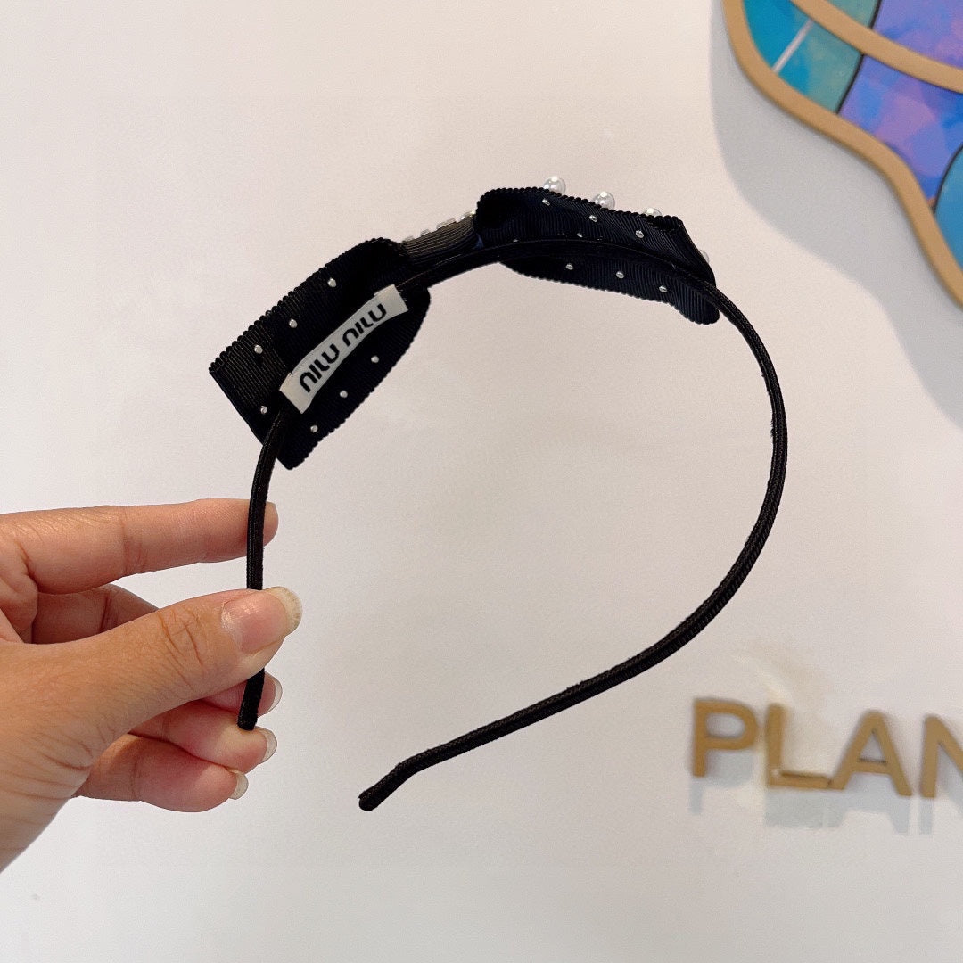 CHANEL HEADBAND WITH BOW IN BLACK COTTON ATTACHED PEARLS 406039
