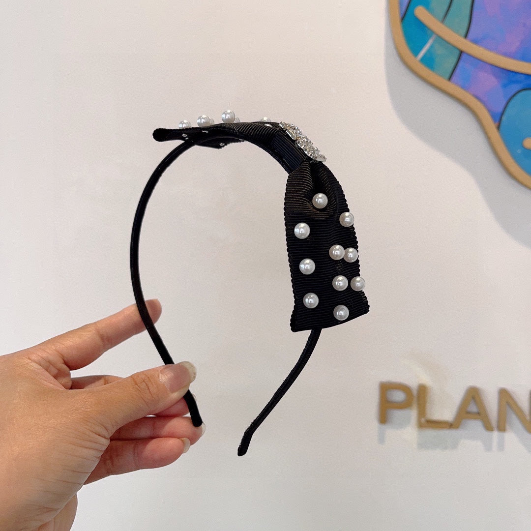 CHANEL HEADBAND WITH BOW IN BLACK COTTON ATTACHED PEARLS 406039