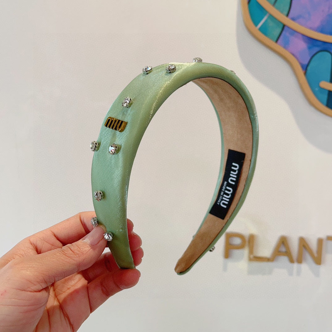 CHANEL THICK HEADBAND IN JADE GREEN SILK ATTACHED DIAMONDS 406043