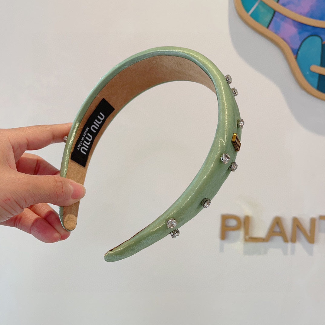 CHANEL THICK HEADBAND IN JADE GREEN SILK ATTACHED DIAMONDS 406043
