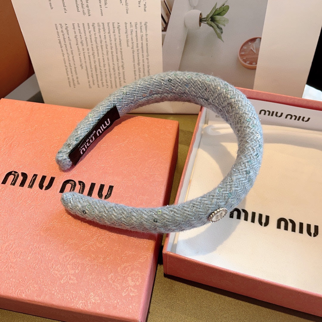 CHANEL THICK HEADBAND IN SKY BLUE TWEED EMBELLISHED SEQUINS 406044