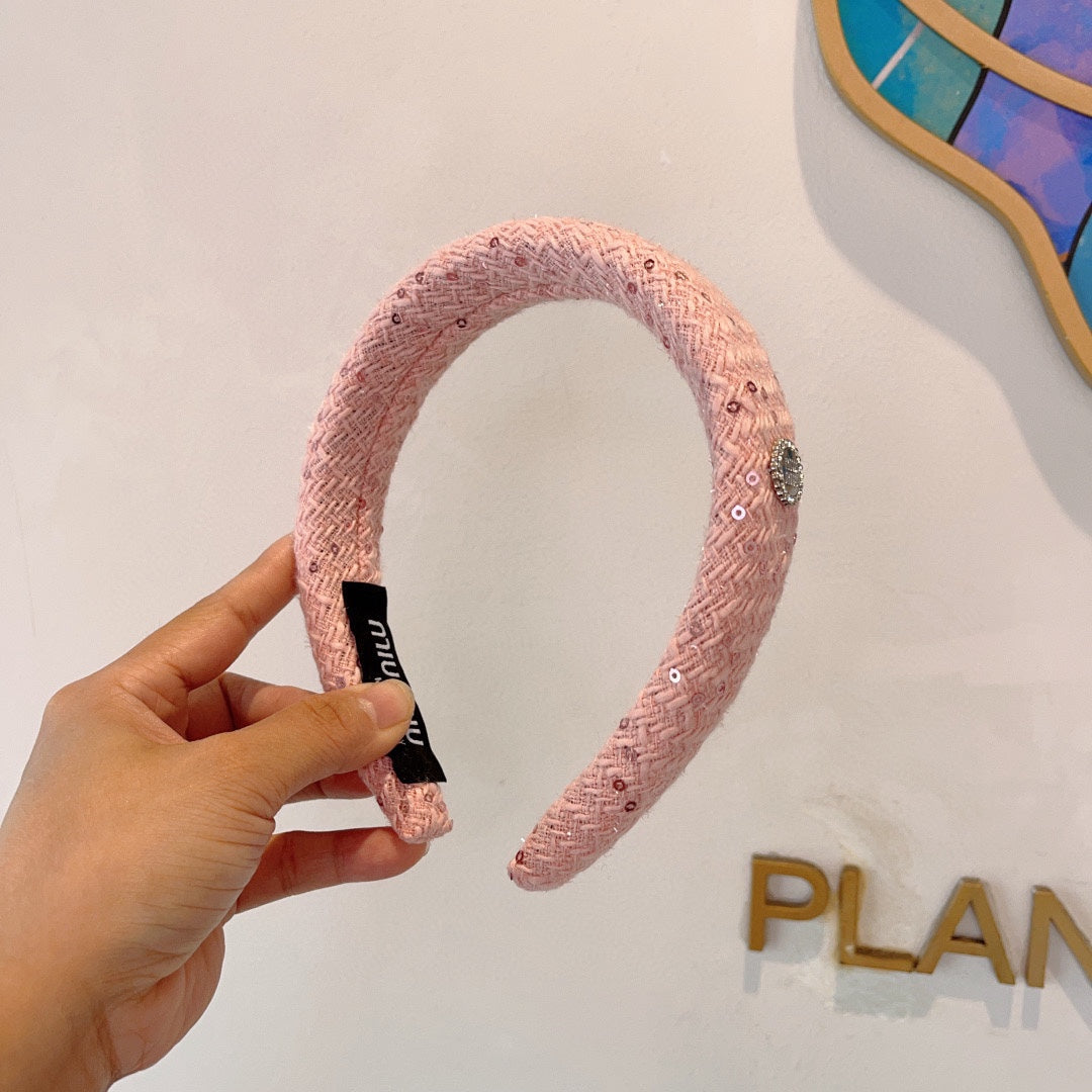 CHANEL THICK HEADBAND IN PINK TWEED EMBELLISHED SEQUINS 406045