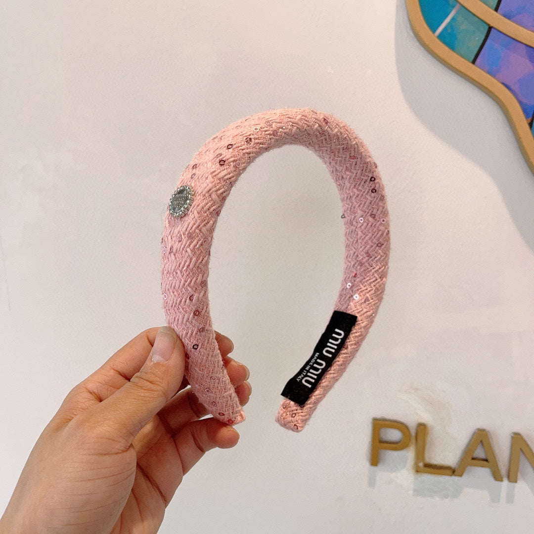 CHANEL THICK HEADBAND IN PINK TWEED EMBELLISHED SEQUINS 406045