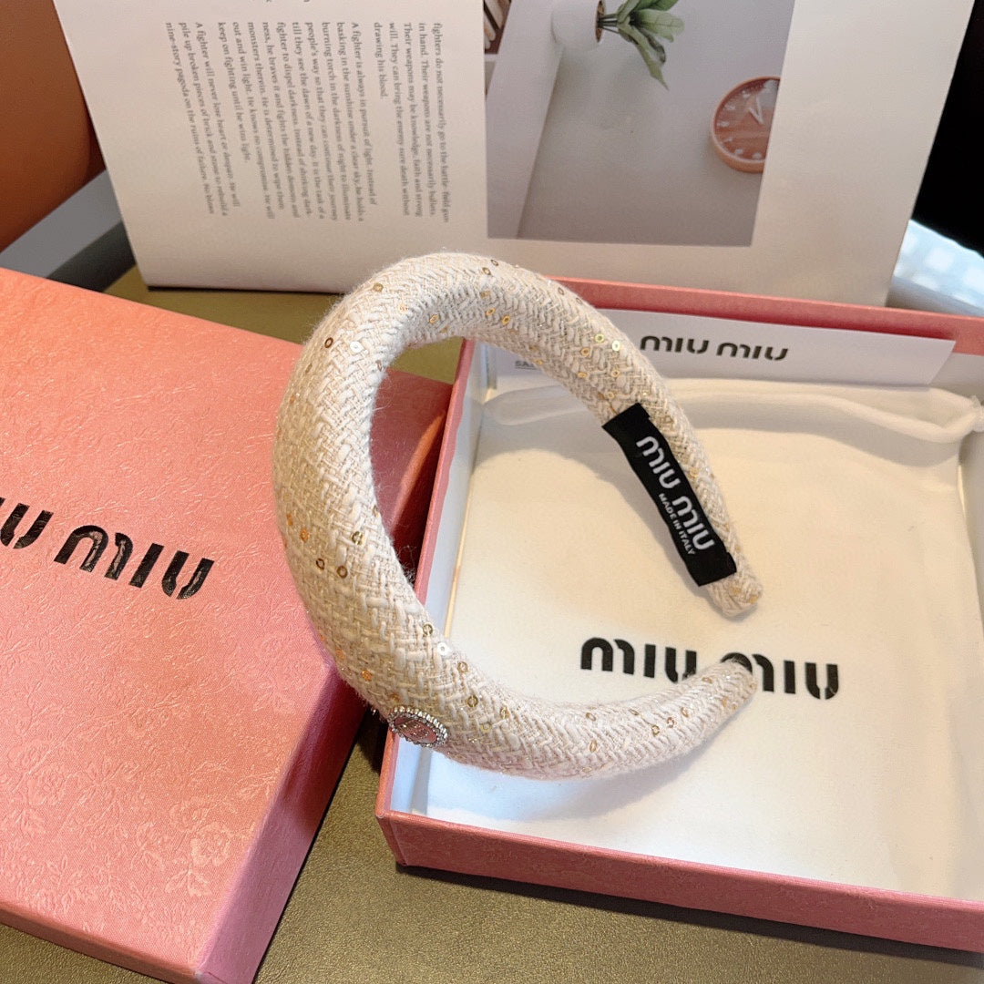 CHANEL THICK HEADBAND IN WHITE TWEED EMBELLISHED SEQUINS 406046