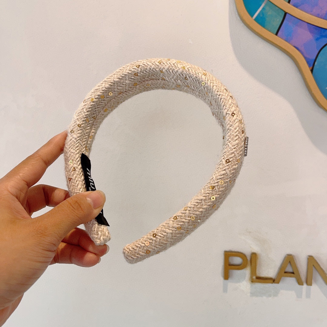 CHANEL THICK HEADBAND IN WHITE TWEED EMBELLISHED SEQUINS 406046