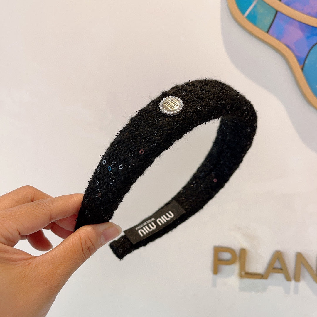 CHANEL THICK HEADBAND IN BLACK TWEED EMBELLISHED SEQUINS 406047