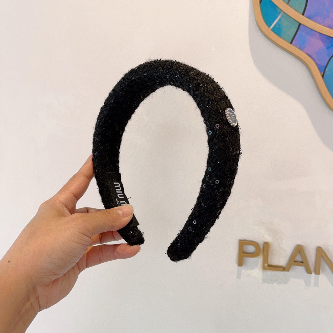 CHANEL THICK HEADBAND IN BLACK TWEED EMBELLISHED SEQUINS 406047