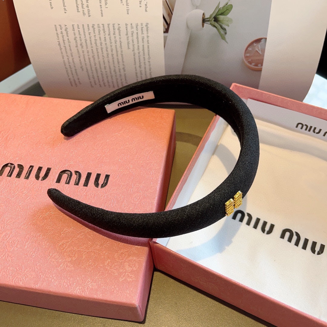 CHANEL THICK HEADBAND IN BLACK DENIM GOLD LOGO 425463