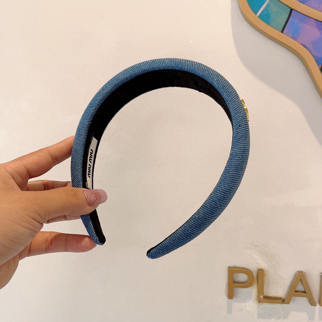 CHANEL THICK HEADBAND IN AZURE BLUE DENIM GOLD LOGO 425464