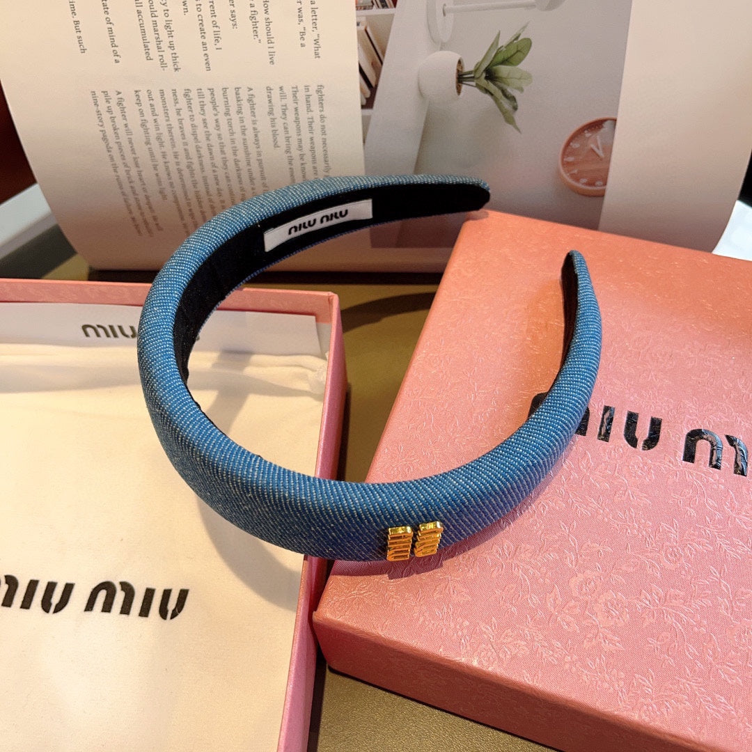 CHANEL THICK HEADBAND IN AZURE BLUE DENIM GOLD LOGO 425464