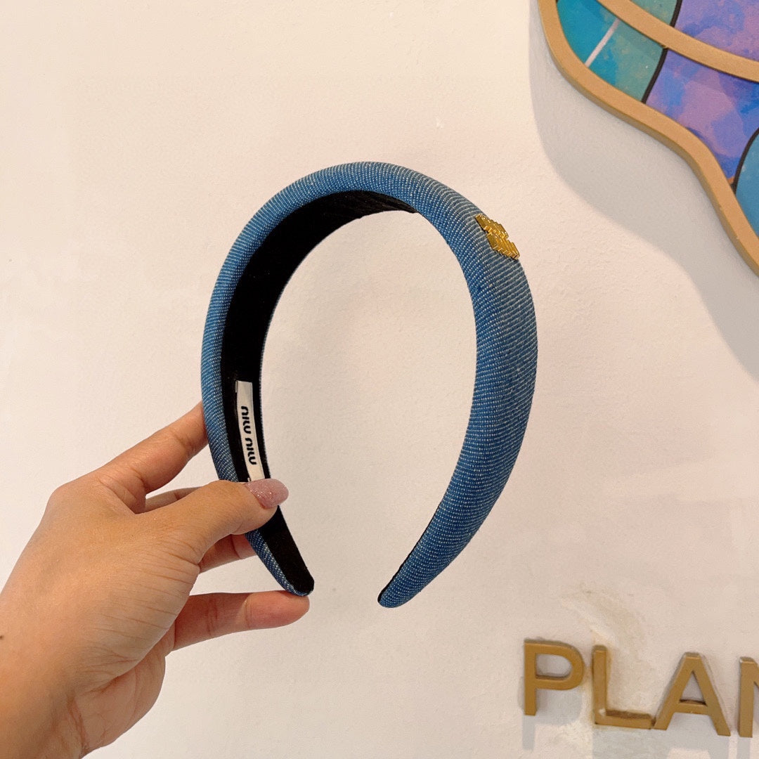 CHANEL THICK HEADBAND IN AZURE BLUE DENIM GOLD LOGO 425464