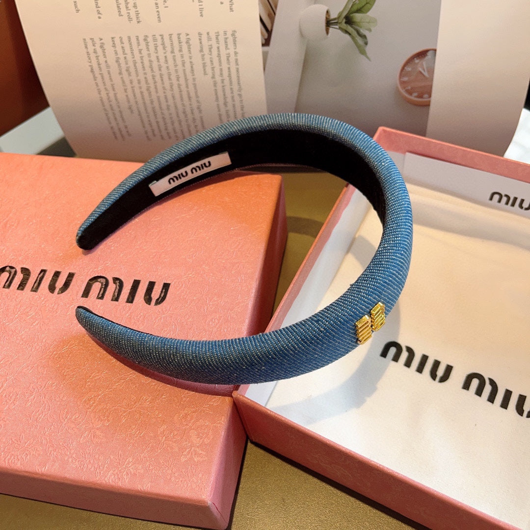 CHANEL THICK HEADBAND IN AZURE BLUE DENIM GOLD LOGO 425464