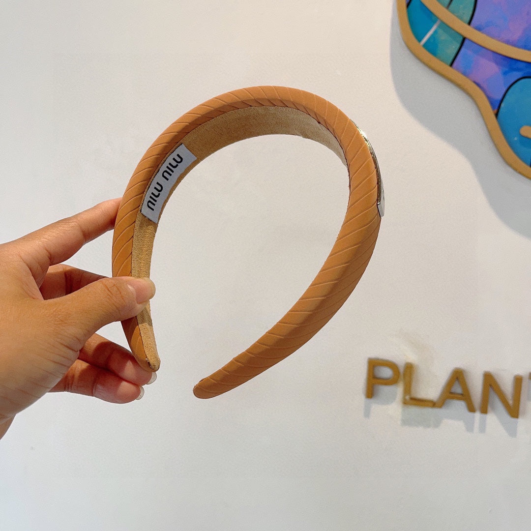 CHANEL THICK HEADBAND IN BRONZE ORANGE DIAGONAL LEATHER 425479