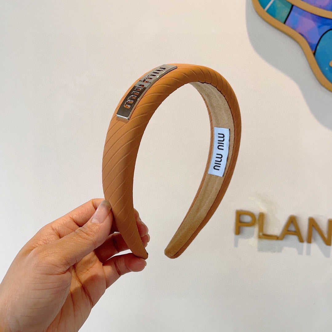 CHANEL THICK HEADBAND IN BRONZE ORANGE DIAGONAL LEATHER 425479