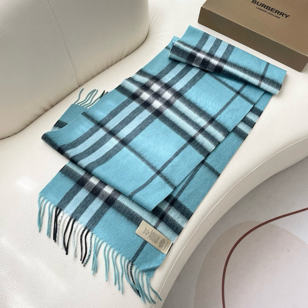 BURBERRY CHECK SCARF 180 CM IN SKY BLUE MIX BLACK CASHMERE 405484