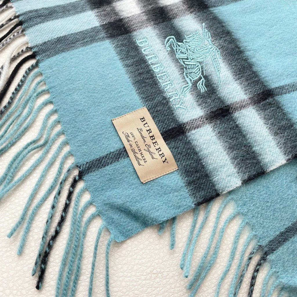 BURBERRY CHECK SCARF 180 CM IN SKY BLUE MIX BLACK CASHMERE 405484